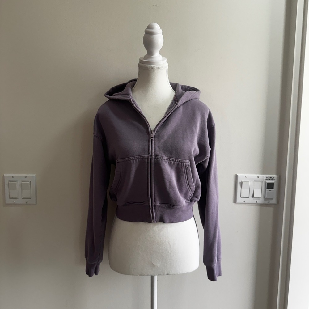 Tna Aritzia Cozy Boyfriend Cropped Zip Up Hoodie Purple Womens 2XS Fleece Sporty